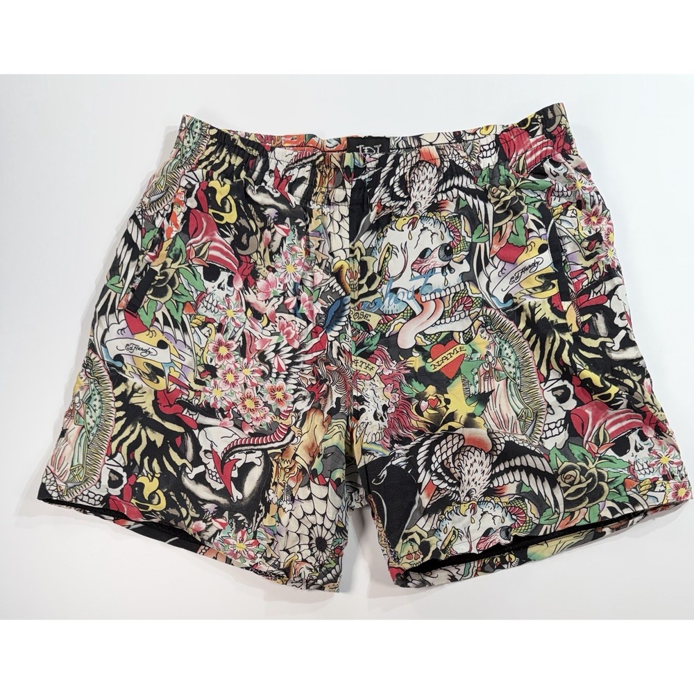 Ed Hardy Style Tattoo Skull Koi Tiger Swim Trunks Shorts L Y2K